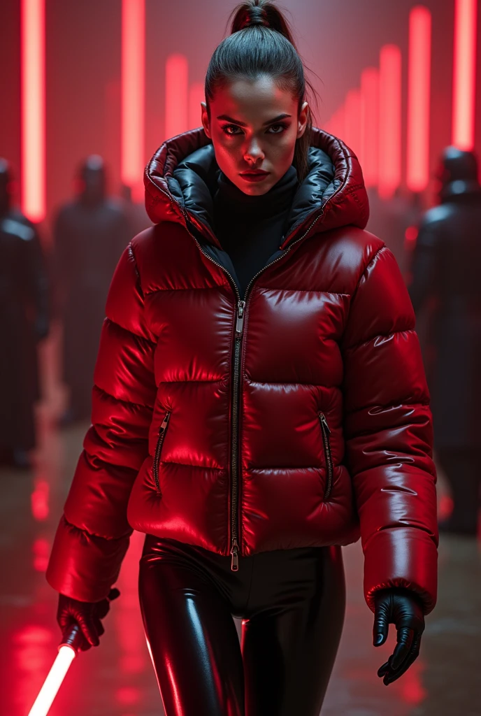 a slim ponytail angry sith wielding her bright lightsaber, she is walking in room full of jedi,beautiful detailed bright red-colored eyes,beautiful freckles,beautiful detailed lips,extremely detailed eyes and face,longeyelashes, wearing beautiful detailed skintight airtight covering-head hooded armored formfitted duvetica overfilled overinflated shiny hyper gleamy thick hyper glossy puffervest covering her padded high-collared sealed pufferjacket, glossy latex leggings,symmetrical,masterpiece,cinematic,lifelike,hyperrealistic,8k,photorealistic,highly detailed,intricate,exquisite,elegant,beautiful,stunning