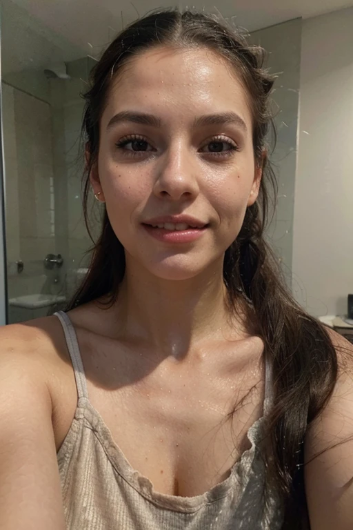 pretty Woman, 21 years, frontal photo, natural look, europea, perfect teeth, without makeup, straight aligned teeth, textured skin, ultra-detailed,(realistic,Photorealistic,photo-realistic:1.37), black hair with ponytail, selfie, camara iPhone