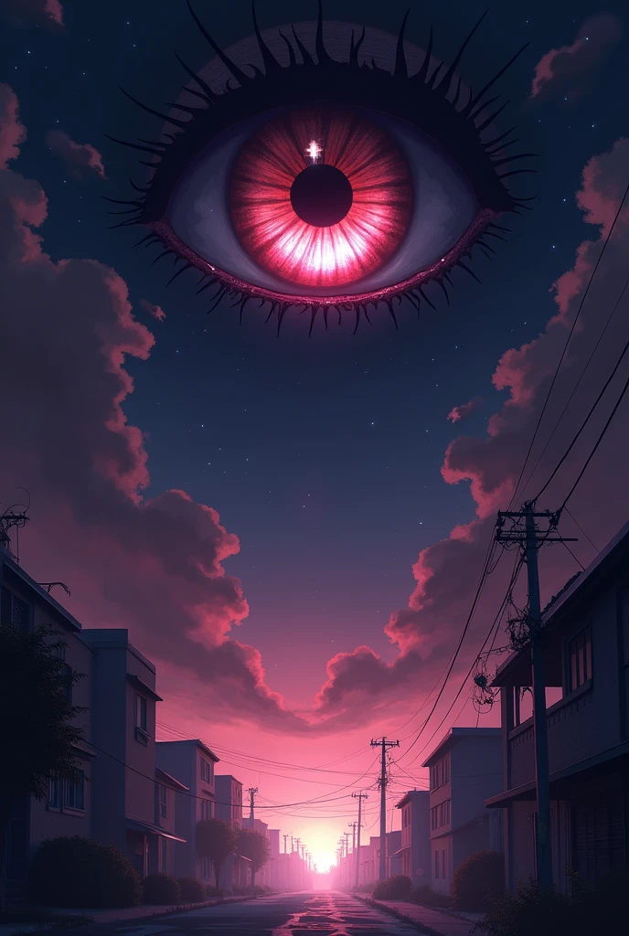 ((Best Quality)), ((masterpiece)), ((detailed)), ((High Definition)). A playful eye in the sky in anime style, emits an evil and supernatural energy. It&#39;s chilling, Proboca cosmic terror. The lighting is poor, giving a spooky atmosphere, and terror. It&#39;s the cover of a horror novel.