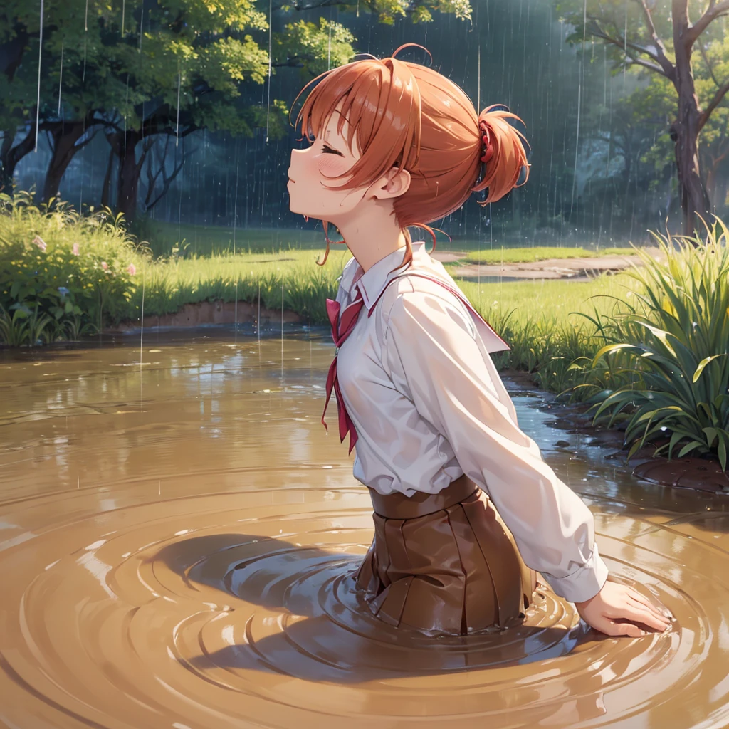 masterpiece, best quality, highres, solo:2, blush, anime CG style, swamp, bog, (chest deep in quicksand:1.5), kinomoto sakura, aichan, mikuru1, (catholic school uniform), white shirt, (red plaid skirt:0.7), ginger girl, red ponytail hair, covered in mud, bog, grass, trees, (orgasm:1.5), (looking up:1.4), (from the side:1.5), (rainy weather:1.4), eyes closed, mouth open, head back, arched back