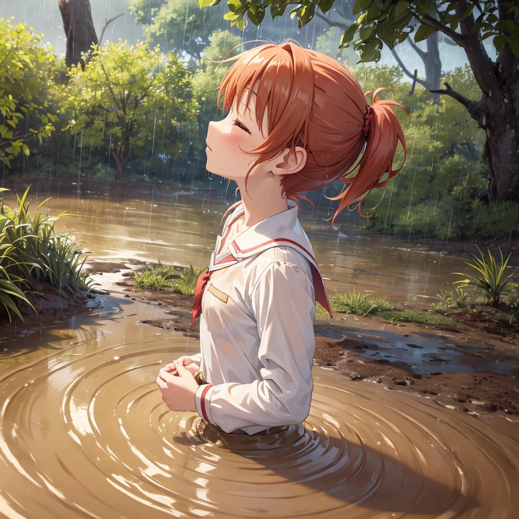 masterpiece, best quality, highres, solo:2, blush, anime CG style, swamp, bog, (chest deep in quicksand:1.5), kinomoto sakura, aichan, mikuru1, (catholic school uniform), white shirt, (red plaid skirt:0.7), ginger girl, red ponytail hair, covered in mud, bog, grass, trees, (orgasm:1.5), (looking up:1.4), (from the side:1.5), (rainy weather:1.4), eyes closed, mouth open, head back, arched back