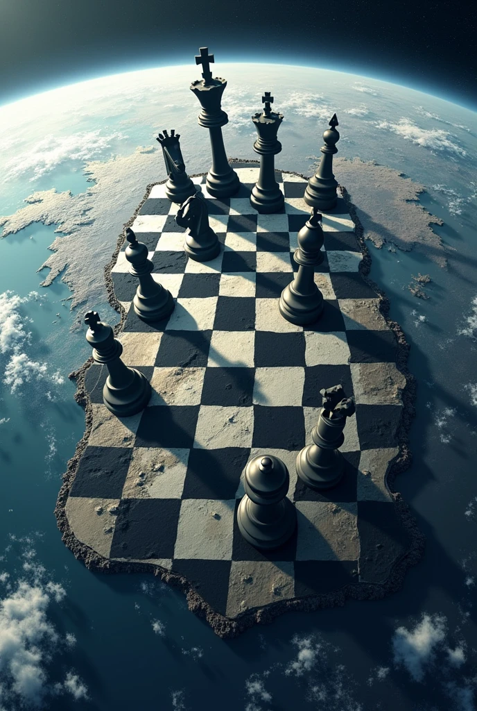 I want a picture of the.planet earth covered in chess format with giant chess pieces 