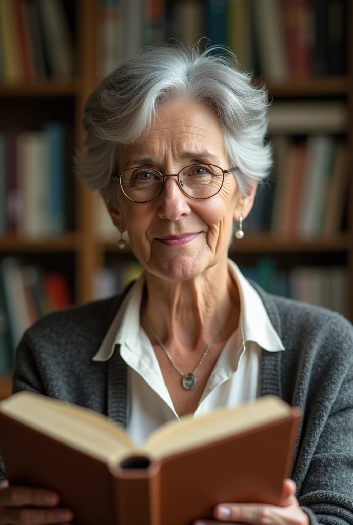 60 year old lady teacher reading a book aloud, frontal perspective