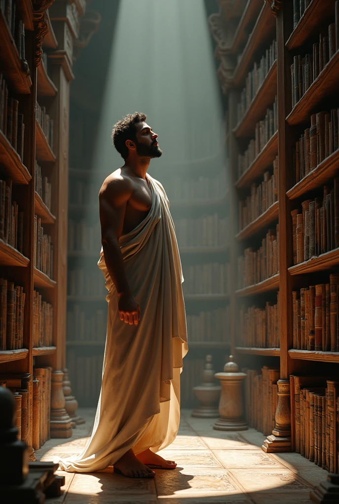 Galeno, a male physician, with a contemplative expression, donning a toga and sandals, in a library filled with ancient texts, reflecting on the four humors and their balance, capturing a moment of revelation, medium shot, hyper-realistic, photo realistic, cinematography ar—9:16