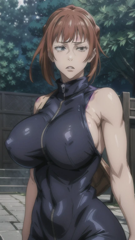 a beautiful anime girl with huge breasts, Maki Zenin | Jujutsu Kaisen, highly detailed, 3D render, masterpiece, photorealistic, hyper realistic, extremely detailed, cinematic lighting, vivid colors, soft lighting, realistic textures, delicate features, elegant expression, dynamic pose, beautiful background scenery, nude