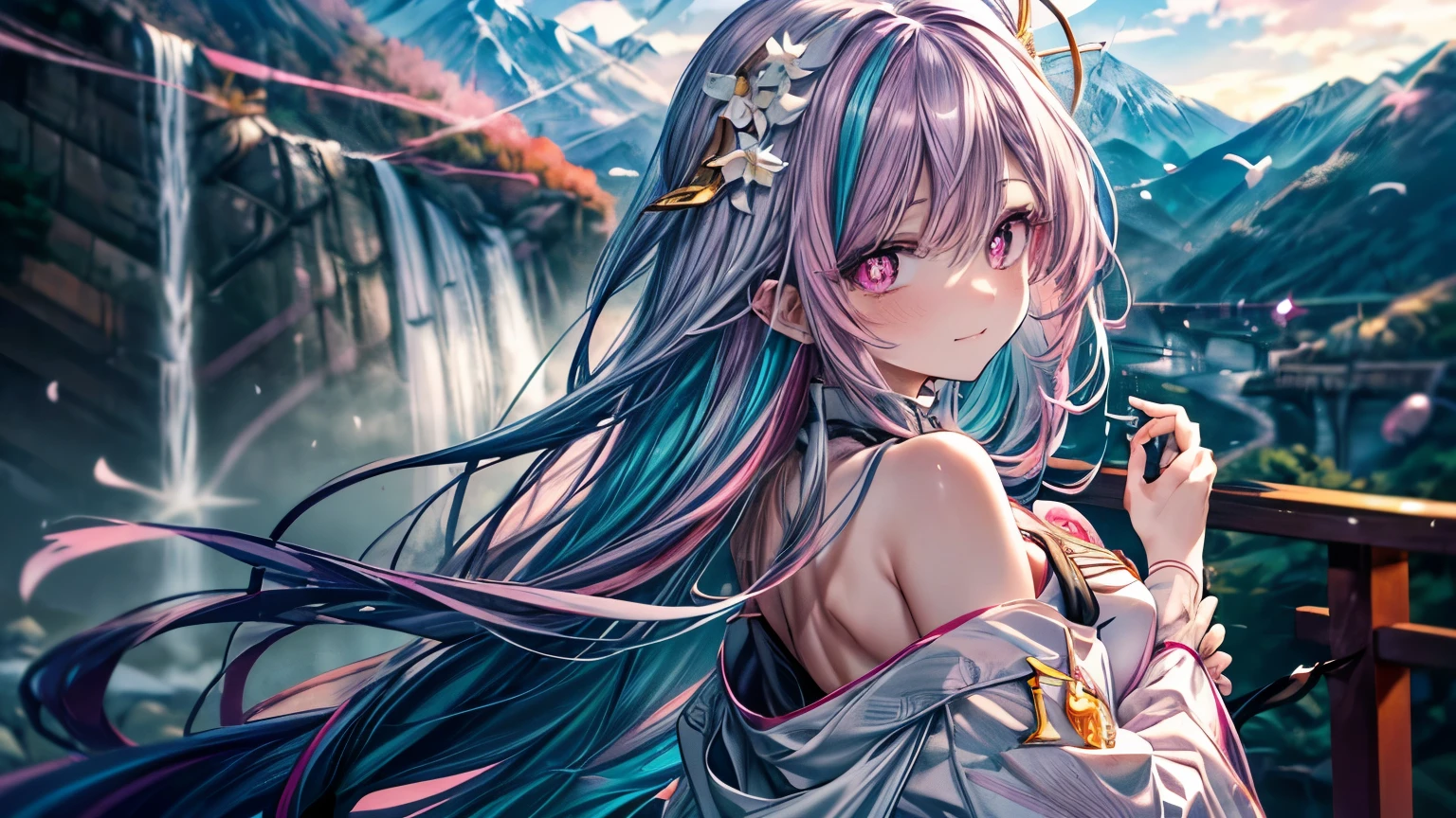 (overhead view), beautiful anime woman illustration, 1girl, (masterpiece, best quality, ultra-detailed), sharp focus, detailed face, extremely detailed eyes, face focus, long hair, criss-crossed bangs, hair over shoulder, purple hair, (teal streaked hair:1.3), pink gradient eyes, (magatama shaped pupils:1.5), long eyelashes, small smile, medium breasts, peach blossom hairpin, ((colors of clothing: white, red, gold, with purple accents)), ((looking back over shoulder, hands clasped behind back, mountain waterfall background, breeze, peace blossoms)), cinematic lighting, rim lightning, ray tracing, shadowing, dynamic angle