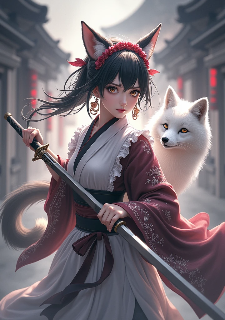 The mysterious maid (Musashi Miyamoto) Wielding a long Japan sword, Split with a powerful blow、Wrapped in a fog that blocks visibility, Revealing a vivid and otherworldly scene, The clarity of a sword strike against a blurry background, Mysterious Background, The white fox's sharp gaze met the viewer's eyes.., A mysterious layer of mist covers the foreground, Earrings, Clear Eyes, Exquisite and delicate kimono, Dramatic lighting and colors