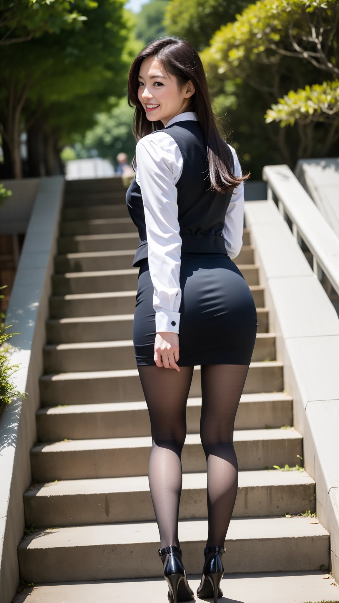run-6500-v1.1, (RAW Photos:1.2), (Realistic), (Genuine:1.4), 1Mature Woman、Perfect Anatomy, Age 48, Looking into the camera, ((Wide stairs in the park:1.4)), Rear view:1.6, Beautiful long legs, Shooting from below:1.8, BREAK, Shoulder-length straight hair, White business shirt, Black business vest, (Ultra-realistic black pantyhose:1.2), (黒のハイHeel), (Business services), ((Full Body Shot:1.2)), (A very loving smile:1.2), mini skirt, BREAK, Skirt that slides up, You can see your buttocks from under your skirt:1.8, Heel, Are standing, One person, Big Ass, Black Pantyhose, White thong visible from under pantyhose:1.6