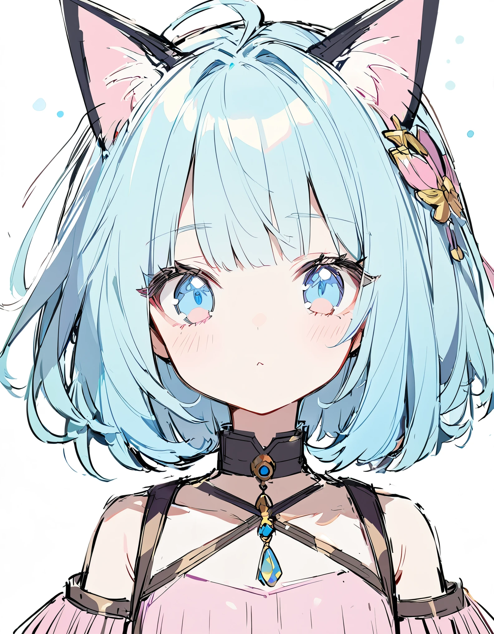 1 girl, (Sketches), (close), (Small body), (Pink Cheeks), (Cute cat ears),light blue Hair, (Short Bob Hair:1.4), (Blue eyes), (Big Hair) , (fringe), (More about the Strand), (White Background)