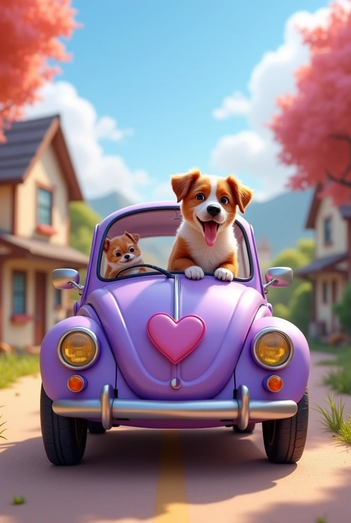 A lilac car, carrying a cute little dog , with a logo stuck on the car with a dog and a purple heart
