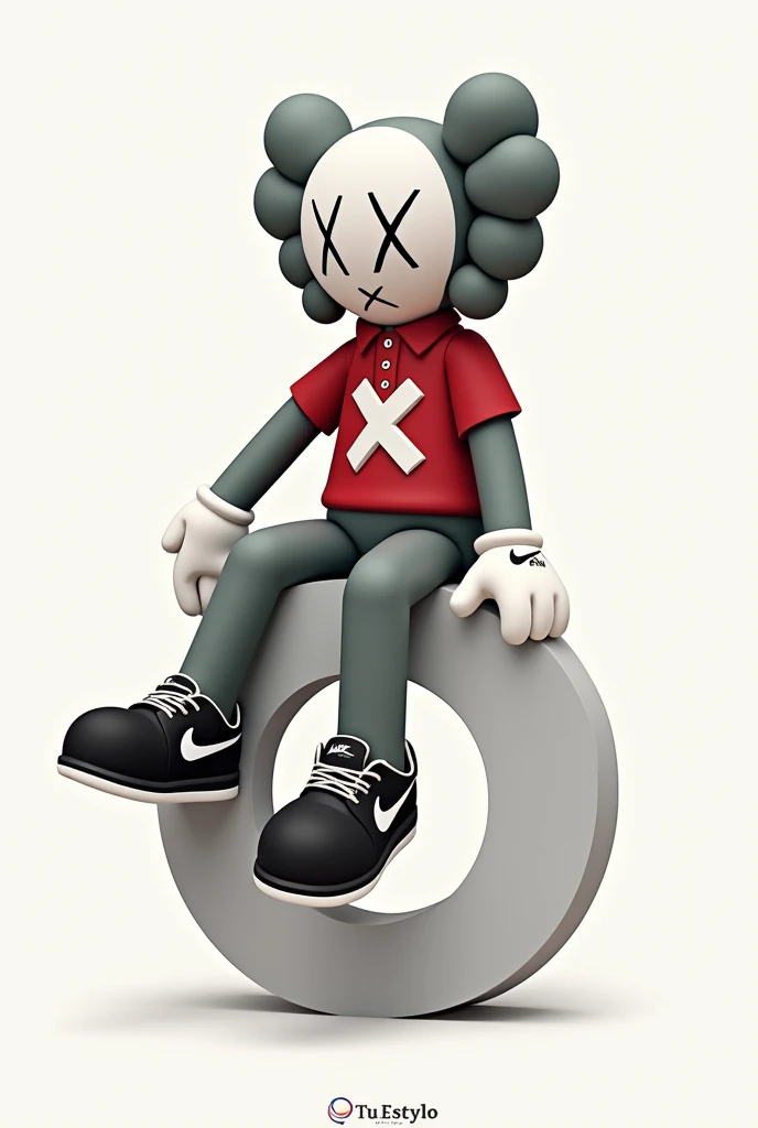 A shot of a gray Kaws style plushie of a seated figure with one leg raised. The figure is sitting sideways and has a large X on the chest. He is dressed in a red and white polo shirt and a pair of Nike sneakers. The background is simple. Sentado encima de la letra "o" del logo " TU ESTYLO" , TU
ira encima de tu estylo mirando hacia la izquierda en posición de lado elegante . Crea el logo "TU ESTYLO"