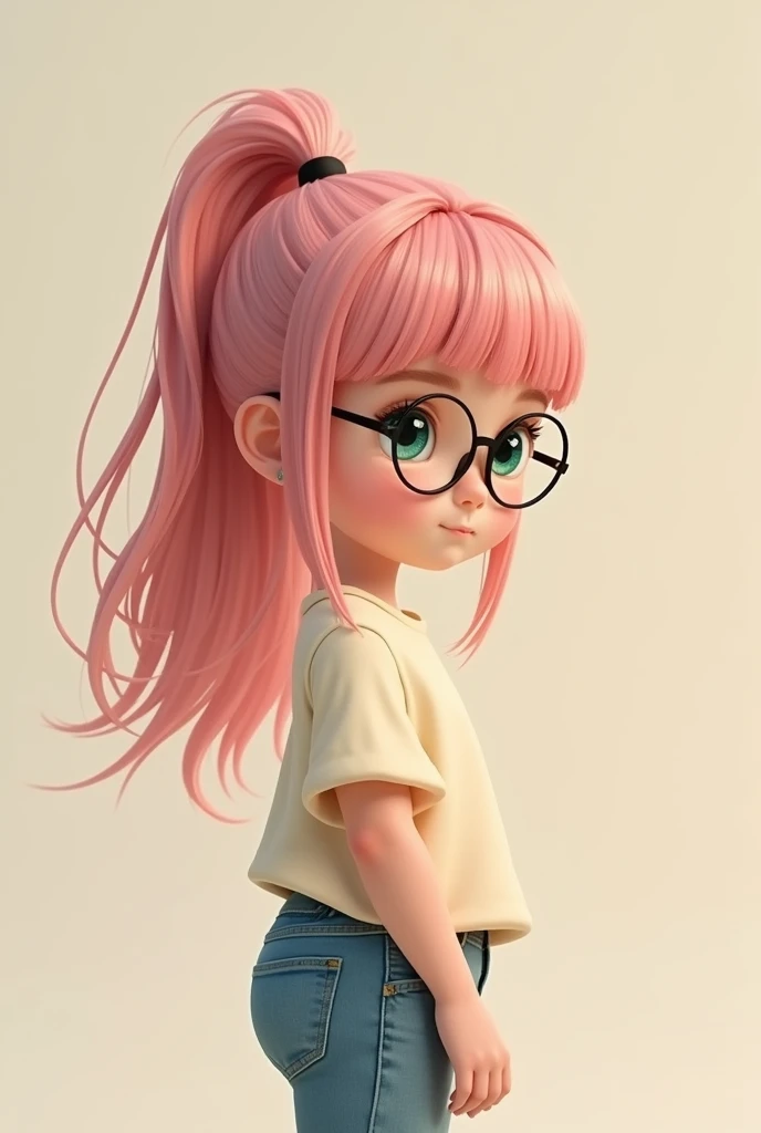 A young girl of approximately 1, with long pink hair tied in a high ponytail. His eyes are green and express a slight shyness., reinforced by the way she glances discreetly to the side. She wears thin-framed feminine glasses, that highlight their soft and introspective expression. Your posture is slightly bent forward, with shoulders slightly hunched, transmitting a feeling of insecurity and shyness. She wears a simple pastel colored blouse and jeans., reflecting a casual and unpretentious style. No fundo, there is a soft, neutral backdrop that complements your reserved personality. 