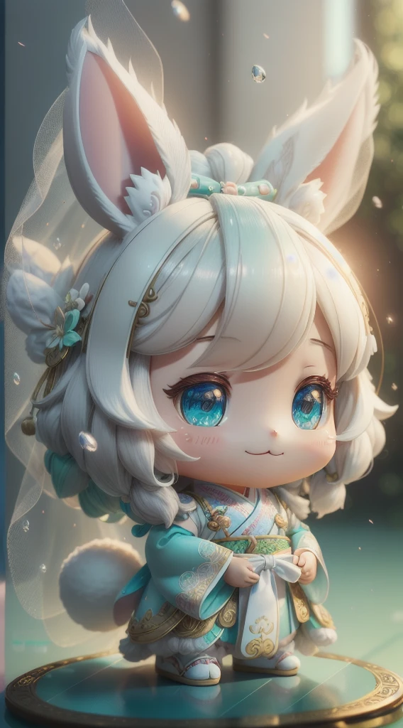 Rabbit, big ears, happy smile, (wearing Hanfu) fluffy, fluffy hair, soft ((best quality)), ((masterpiece)), (hair accessory)( extreme detail, highest detail, official art, beauty and aesthetics:1.2), depth of field, composition ( (whole body) ), (chibi), (beautiful and detailed eyes: 1.3), (very happy:1) (light mint green and gradient white), popmart blind box, clay texture, (transparent balloon, cloud decorative background), natural light, best quality, Super Detail, 3D Art, C4D, Blender, OC Renderer, 3D Rendering, 8K --auto --s2