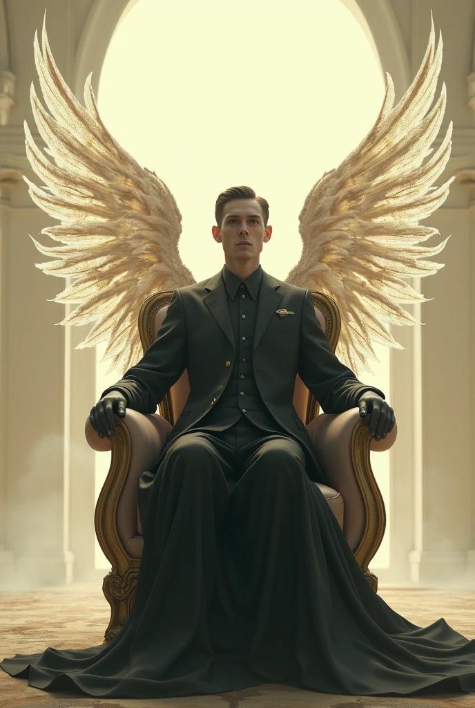 Man sitting on a throne-style chair behind him some Angelica-style LED wings on a cream background