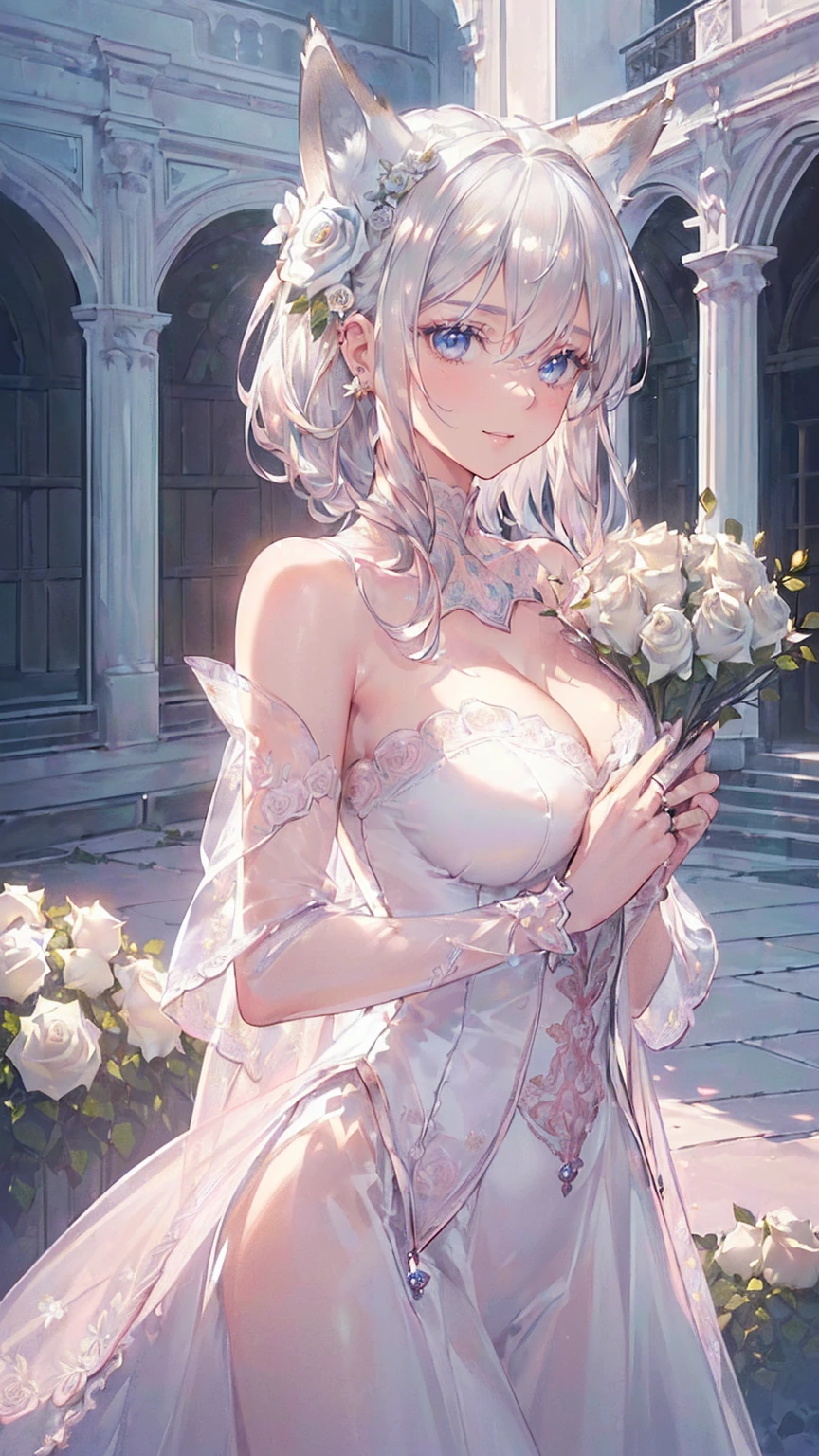 (((Masterpiece))), (((Highest quality))), ((Ultra-detailed)), ((Super fine illustration)), ((Ultra-fine painting)), ((16K highest quality wallpaper:1.4), (Upper body:1.6), (Highly detailed and delicate illustration style:1.8), Detailed skin texture, Detailed cloth texture, Detailed rose flower texture, Extreme detailed description, (Highly detailed face:1.4), (Highly beautiful and detailed Silver fox ears:1.2), (Highly beautiful and detailed Silver hair:1.2), (Highly beautiful and detailed Blue eyes:1.2), Original, RAW photo, Professional, Intricate details, Super details, Perfect anatomy:1.4, Highly detailed hands, Highly detailed fingers, Highly detailed fingertips, (27-years-old:1.4), (Sexy), (Sexy), (Solo:1.6), (A very beautiful and attractive Silver fox female fashion model:1.4))
BRAKE
((Beautiful and adorable Silver fox ears:1.6), (Highly detailed and delicate Silver fox ears:1.2), (Beautiful and well-shaped big breasts:1.2), Beautiful and well-shaped buttocks, (Beautiful and shiny Silver hair:1.6), (Highly detailed and delicate Silver hair:1.2), (Beautiful clear blue eyes:1.6), (Highly detailed and delicate blue eyes:1.2), (Highly detailed face:1.4), (Smile:1.4), (Looking at viewer:1.4), (Standing:1.4), (Celebration:1.4))
BRAKE
((A beautiful and gorgeous Cleavage Off-the-shoulder-princess-dress that is detailed and delicate to be worn at celebratory occasions:1.4))
BRAKE
((Holding in both hands a large bouquet of highly detailed and delicate ((white and pink roses:1.2)):1.6))
BRAKE
(((Just after noon:1.4), (Celebration:1.4), (Highly detailed and delicate white rose flower and pink rose flower garden background:1.4), Highly detailed and delicate royal palace courtyard background in just after noon:1.4))
BRAKE