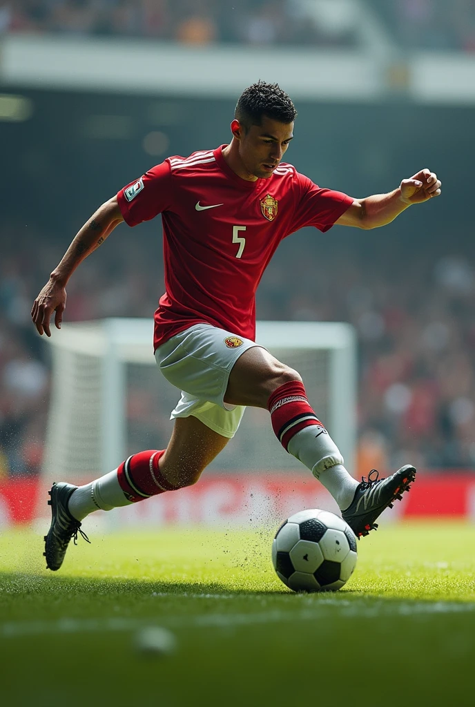 Cristiano Ronaldo kicking the ball into the goal