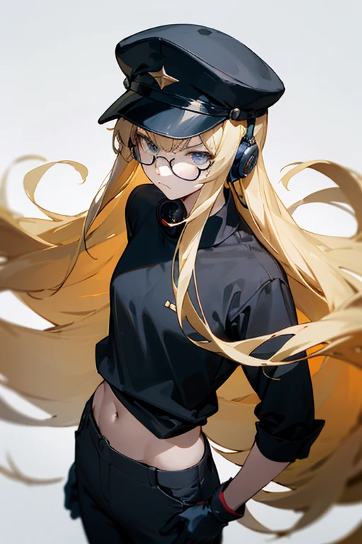An anime girl with long blonde hair with bangs, a black shirt with black gloves, gray pants, a black cap, headphones, glasses, and a serious face.