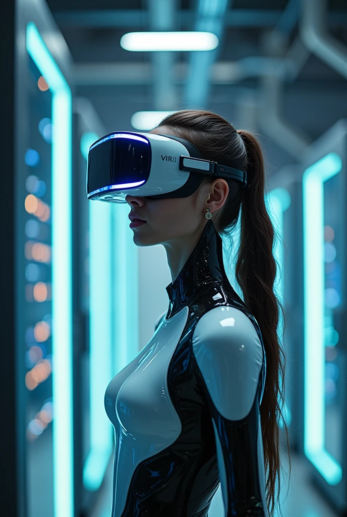 woman using a virtual reality headset while working on a laptop, futuristic vr headset, with futuristic gear and helmet, vr helmet, female cyborg in data center, virtual reality, cyborg robot wearing vr headset, virtual reality headset, virtual reality metaverse engine, wearing a vr-headset, vr game, oled visor over eyes, detailed photo of virtual world, using a vr headset