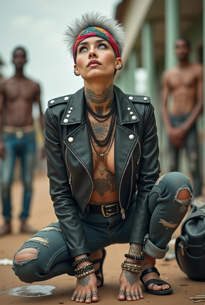 russian milf woman, grey  hair (top bun, shaved sides), colourful bandana as headband, with very light blue eyes, extremely pale skin. Wearing tight cropped aged black moto jacket studded collar) with lots of zippers and pins, flipped up collar. Worn skinny dark low rise blue jeans with patches, wet knees. Barefoot, with bracelets around ankles. Chain around hips like belts. Dirty knees, dirty feet and muddy hands. Wide studded belt. Lots of metallic bracelets, lots of boho pendants and lots of colourful beads collars. Long huge boho. Chains around the hips. Squatting on a puddle with hands on her hips, looking up, chin up, stretching her neck , humble facial expression. Bracelets in ankles and rings in fingers. Black nail polish. studded black leather tote bag with chain on the floor, next to her.. Listening looking up in amazement to somebody speaking to her from the sky, upper teeth visible. Well toned abdominals, thin neck, slim legs and thin arms. Narrow hips Cleavage, stomach, neck, tigh and hands completely covered with tattoos. Dirt street in Kenyan village full of waste. A lot of tanned shirtless fat men in jeans around looking at her. next to her, all her belongings scattered on the floor: tobacco packs, makeup kit, little makeup mirror, studded black leather tote bag, lipstick, wallet, moble etc on the floor