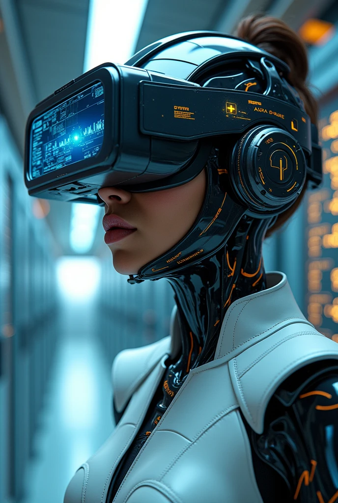 woman using a virtual reality headset while working on a laptop, a computer rendering by Luis Miranda, trending on cg society, afrofuturism, futuristic vr headset, with futuristic gear and helmet, vr helmet, female cyborg in data center, virtual reality, cyborg robot wearing vr headset, virtual reality headset, virtual reality metaverse engine, vr game, wearing a vr-headset