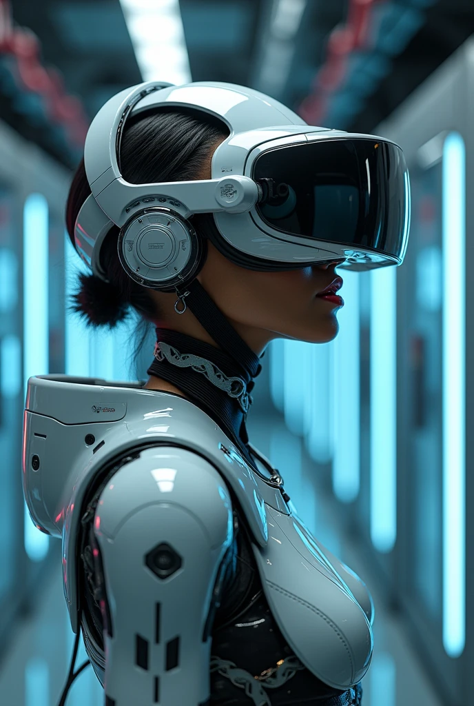 woman using a virtual reality headset while working on a laptop, a computer rendering by Luis Miranda, trending on cg society, afrofuturism, futuristic vr headset, with futuristic gear and helmet, vr helmet, female cyborg in data center, virtual reality, cyborg robot wearing vr headset, virtual reality headset, virtual reality metaverse engine, vr game, wearing a vr-headset