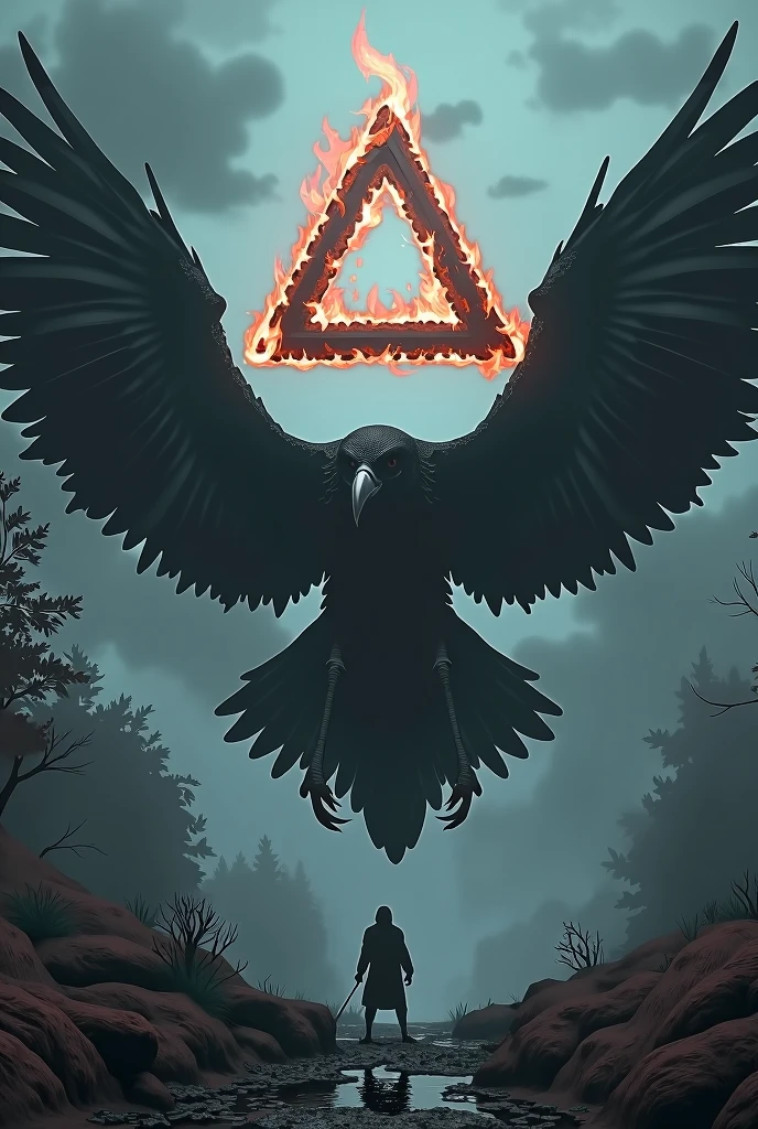 A big black bird, the clawed paws from which blood drips, fly low; in front of him, a triangle, as if suspended between heaven and earth, whose edges are surrounded by light flames that burn without consuming it. 