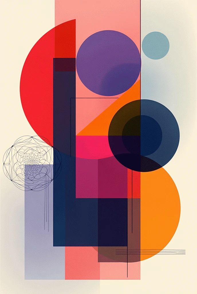 Based on painting (yellow, blue, red) of Kandinsky. Create an original drawing using cool colors like purple, bluees y calidos como fucsia, reds, oranges, using geometric figures such as circles, rectangles, triangulos, squares and angles of different sizes. The drawing should not take up the entire page., that leaves blank spaces 
