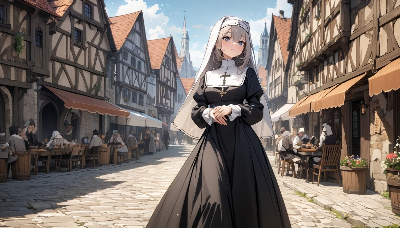 Beautiful nun, Medieval European town, Attention to detail, 4K, masterpiece.