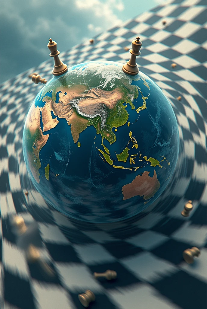 I want a picture of the.planet earth covered in chess format with giant chess pieces which is spinning at high speed