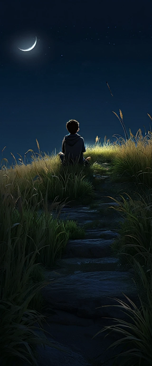A realistic image of a boy sitting on a hill looking at the clear sky at night tall grasses lonely