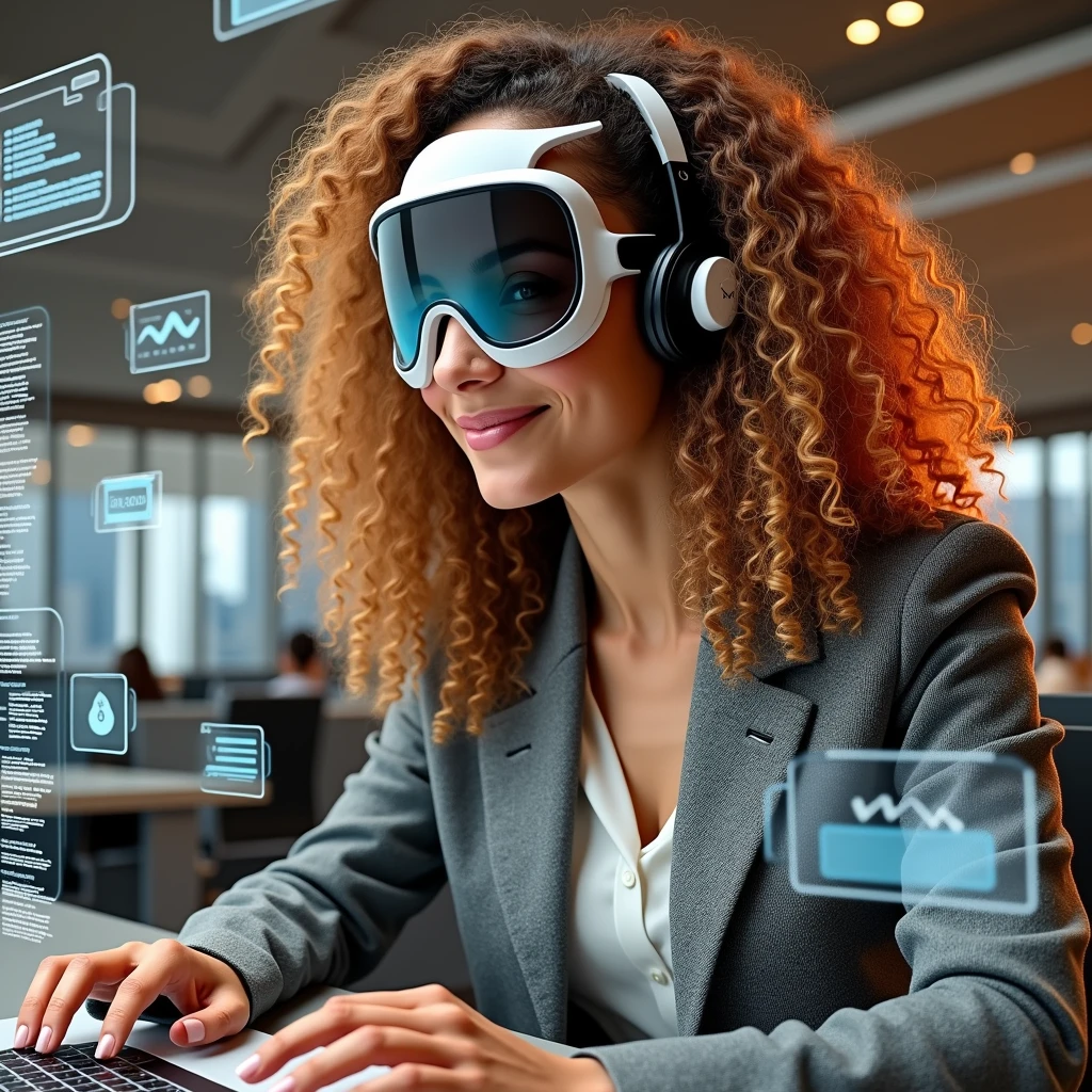 Create an image of a young woman resembling Andy Allo, working as a customer service representative in a futuristic setting. She has medium-length, curly hair with a golden brown hue and a warm skin tone. She is wearing a casual yet professional outfit, like a fitted jacket over a simple blouse. The setting around her is a high-tech office space with holographic screens and digital interfaces floating around her. She is seated at a sleek desk with a headset on, and her expression is focused yet approachable, capturing the charm and elegance similar to Andy Allo. The background features large windows showing a cityscape with tall buildings and a bright, clear sky.