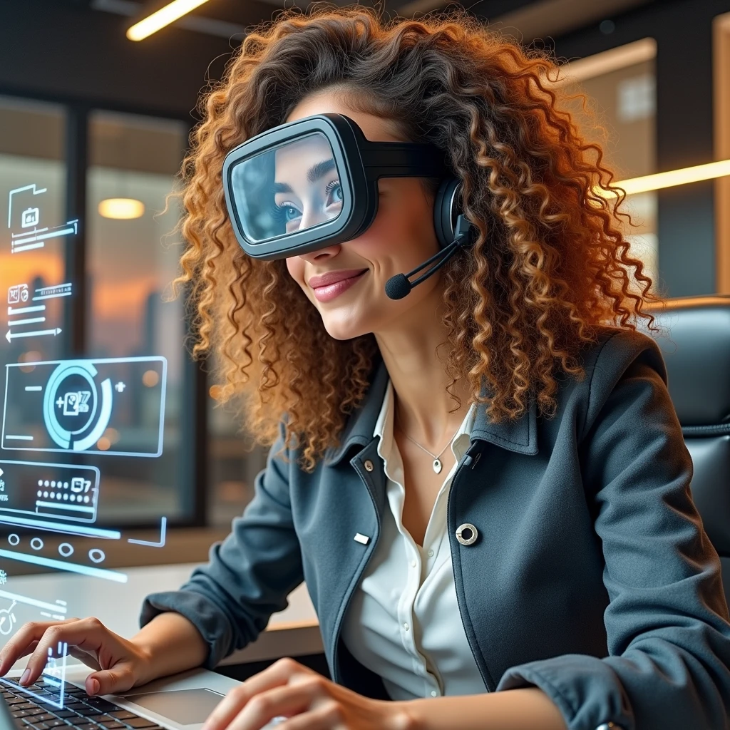 Create an image of a young woman resembling Andy Allo, working as a customer service representative in a futuristic setting. She has medium-length, curly hair with a golden brown hue and a warm skin tone. She is wearing a casual yet professional outfit, like a fitted jacket over a simple blouse. The setting around her is a high-tech office space with holographic screens and digital interfaces floating around her. She is seated at a sleek desk with a headset on, and her expression is focused yet approachable, capturing the charm and elegance similar to Andy Allo. The background features large windows showing a cityscape with tall buildings and a bright, clear sky.