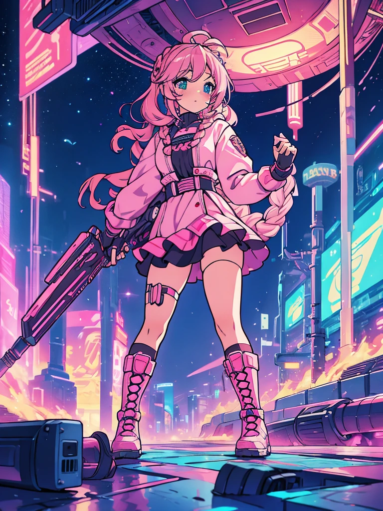 high resolution, best quality, masterpiece, very high image quality, ultra-detailed, hyperrealistic, 3d, anime, illustrations, fantasy, hard rock girl, very beautiful cute, pink wavy hair, side braid, miniskirt, knee high socks, engineer boots, background cyber punk city galaxy