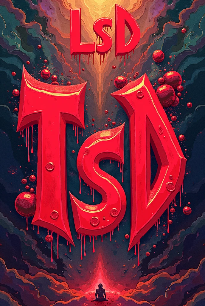 Draw a background with big red letters that say ꛕͲ , and above it says LSD in red letters and below these some smaller letters that say Dan Sanchez ft Natanael Cano