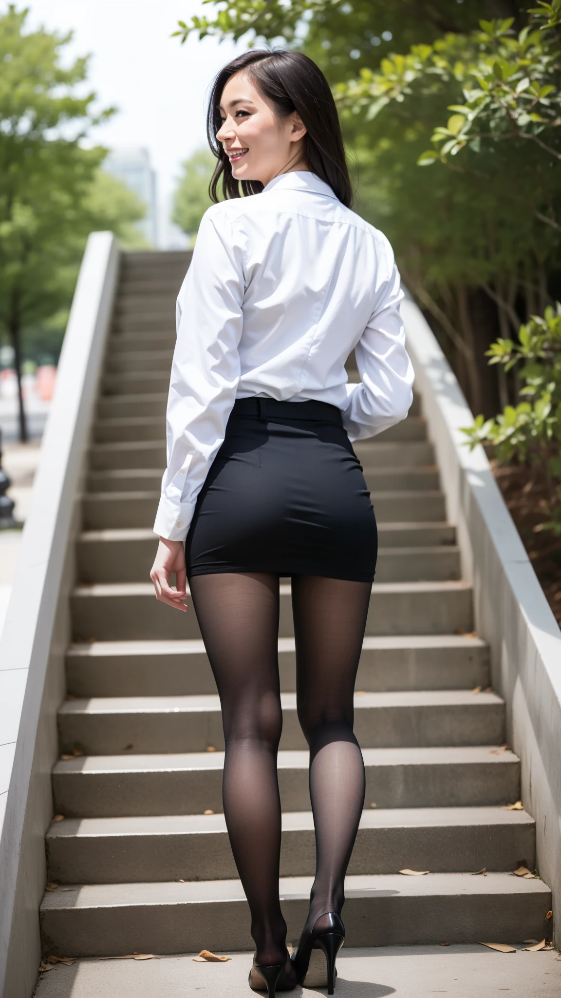 A beautiful Japanese woman in her 40s attends a funeral in Japan, standing, Sad expression, Realistic, Photorealistic, realistic body shape, Very detailed, highest quality, 8k, Cinematic stills, High resolution, Ideal proportions, Perfect Anatomy, low ponytail, BREAK, nsfw, (wearing black dress, pantyhose, Pearl Necklace:1.3), back view, from below, show a part of panties behind skirt