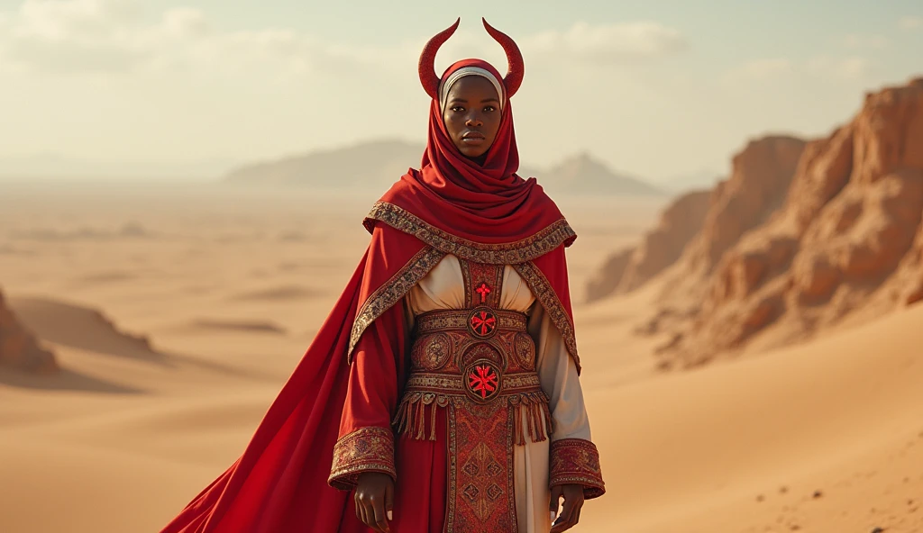 Tunisia as an mediterranean desertic african League of Legend creature in red and white colors with a red crescent moon and a red five-pointed star. Intricated clothing. Cinematic Fantasy sci-fi landscape background