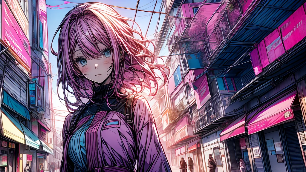 an anime girl, beautiful, pink hair, blue eyes, ojos beautifuls y definidos, modern pink dress, in the background of the city, beautiful, very detailed graphics, modern style art