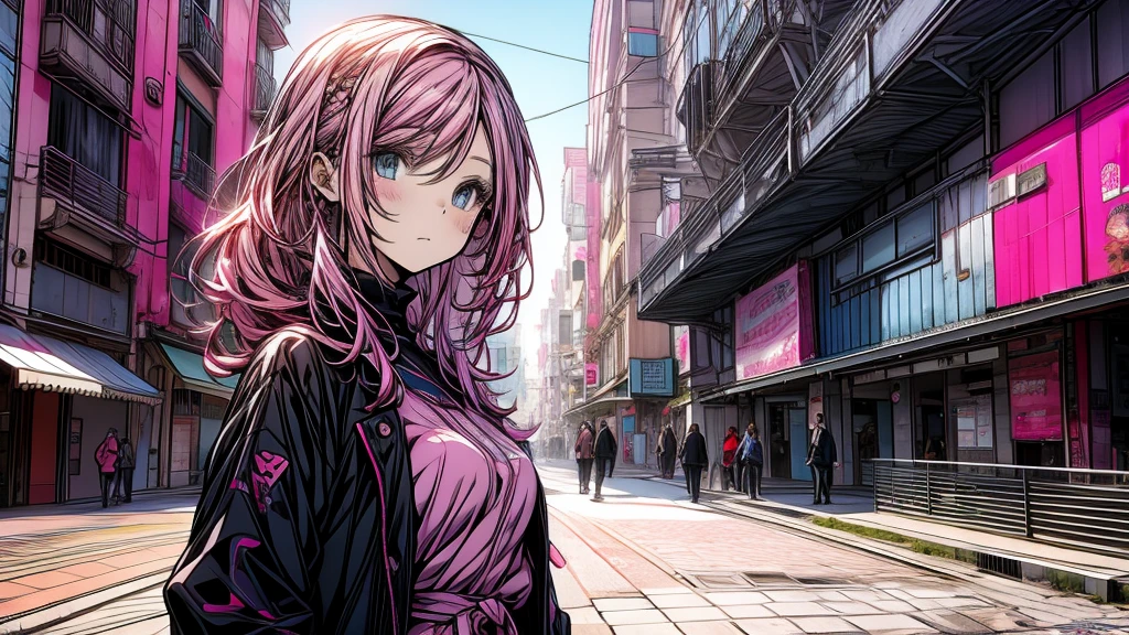an anime girl, beautiful, pink hair, blue eyes, ojos beautifuls y definidos, modern pink dress, in the background of the city, beautiful, very detailed graphics, modern style art
