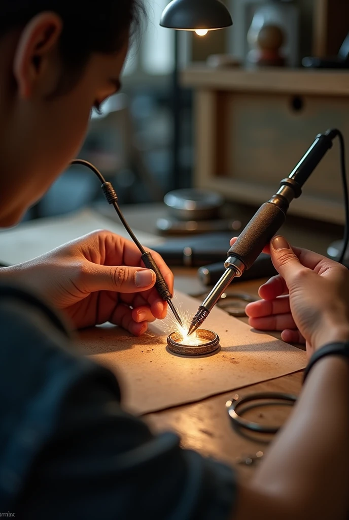 Soldering a ring with a soldering iron on a workbench