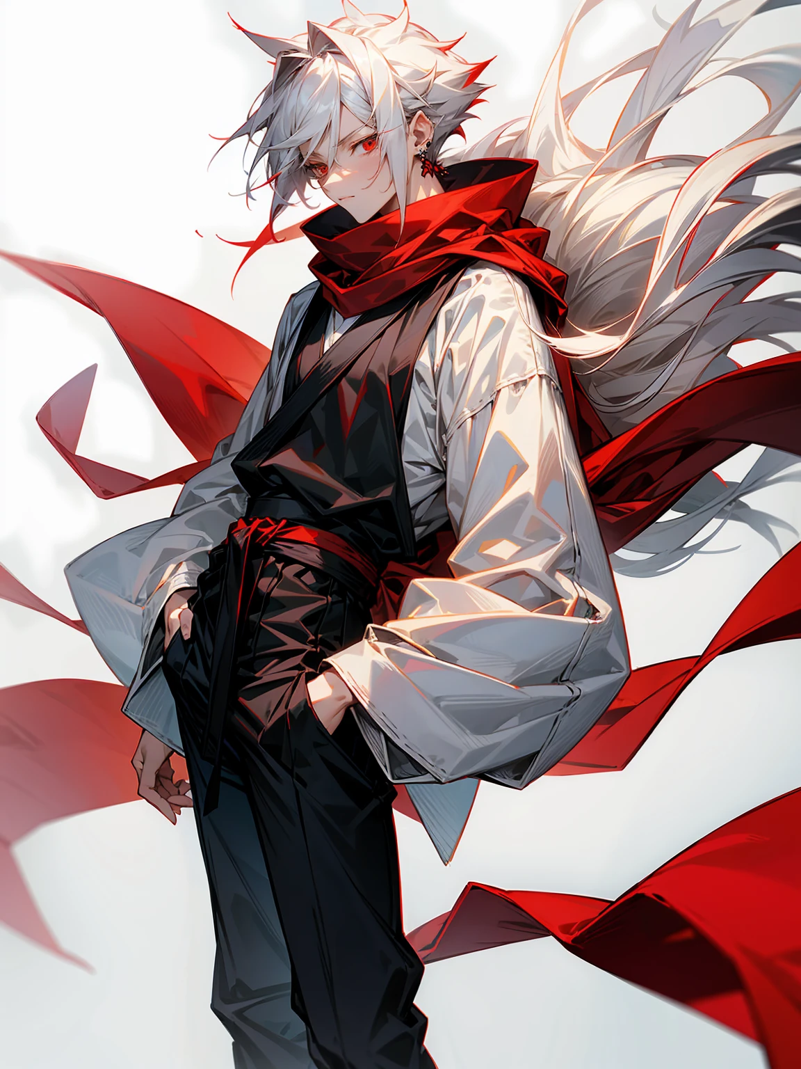 1male, Adult, Long White Hair, White Baggy Long Sleeve Shirt, Baggy Black Pants, Red Eyes, Red Scarf, Earring, Masculine