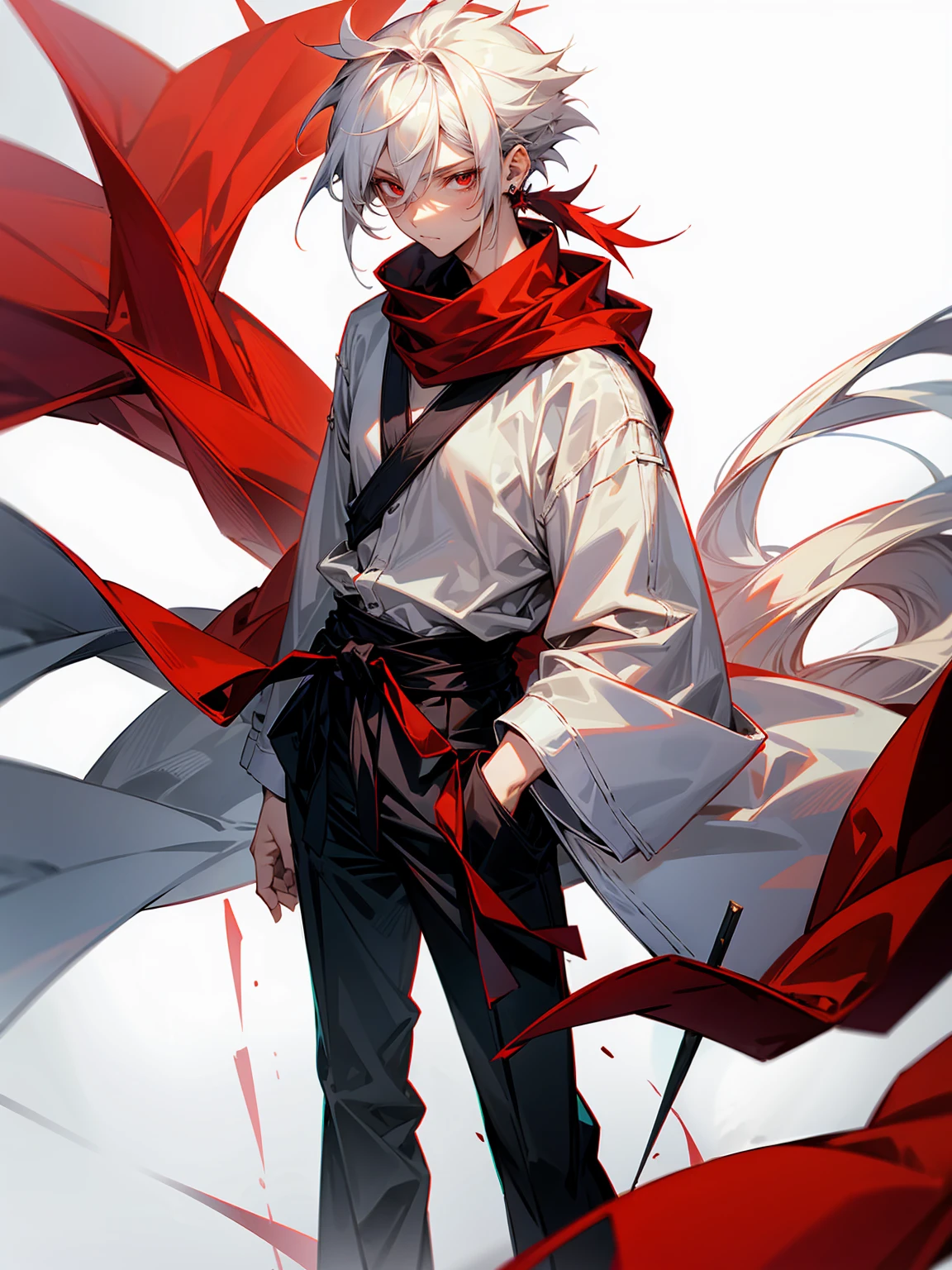 1male, Adult, Long White Hair, White Baggy Long Sleeve Shirt, Baggy Black Pants, Red Eyes, Red Scarf, Earring, Masculine, Spikey Hair, Black Sash Around Waist 