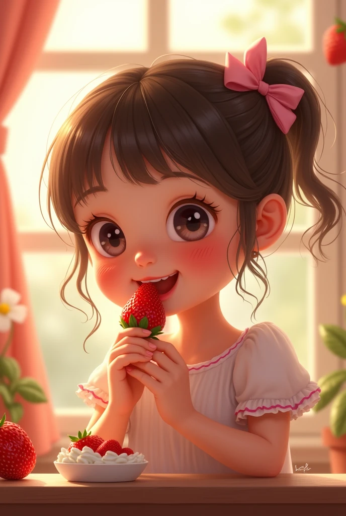 girl eating strawberry with cream
