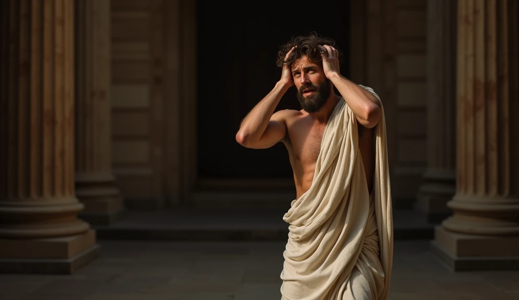 In a dimly lit Roman interior, the young Stoic philosopher paces back and forth, his movements quick and agitated. His expression is filled with pain and confusion as he clutches his head, trying to process the betrayal. The room’s shadows seem to close in on him, emphasizing his internal turmoil. His tunic, with its open shoulder, sways with each step, highlighting his restless energy. The philosopher’s eyes are wide, searching for answers that refuse to come, symbolizing the deepening impact of his unanswered questions.
