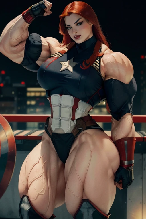 (((Close-up))), tall, (red hair) beautiful muscular asian woman, long hair, pale white skinned, (closed smile), large breast, (black lipstick), (massive muscles), ((hyper muscle)), ((ginormous bulky muscles)), yellow eyes, (((red captain America suit))), (Captain America pants), choker, boots, on the rooftop at night,