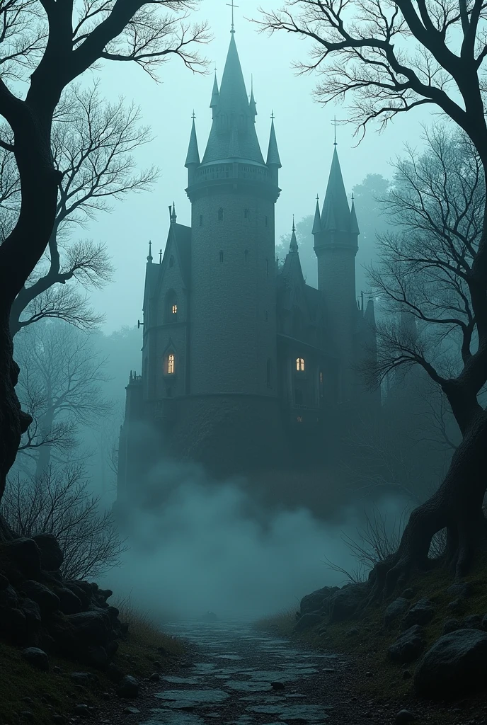 A haunted castle in a foggy woods