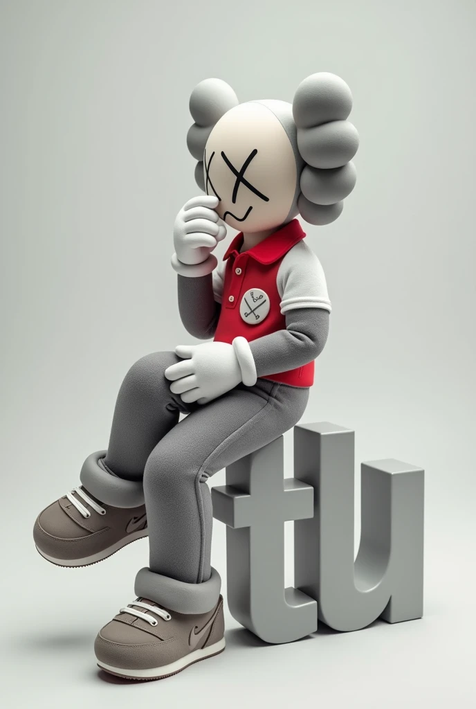 A shot of a gray Kaws style plushie of a seated figure with one leg raised. The figure is sitting sideways and has a large X on the chest. He is dressed in a red and white polo shirt and a pair of Nike sneakers. The background is simple. Sentado encima de la letra "TU ESTYLO" del logo " TU ESTYLO" , TU 
ira encima de tu estylo mirando hacia la izquierda en posición de lado elegante . Crea el logo "TU ESTYLO"