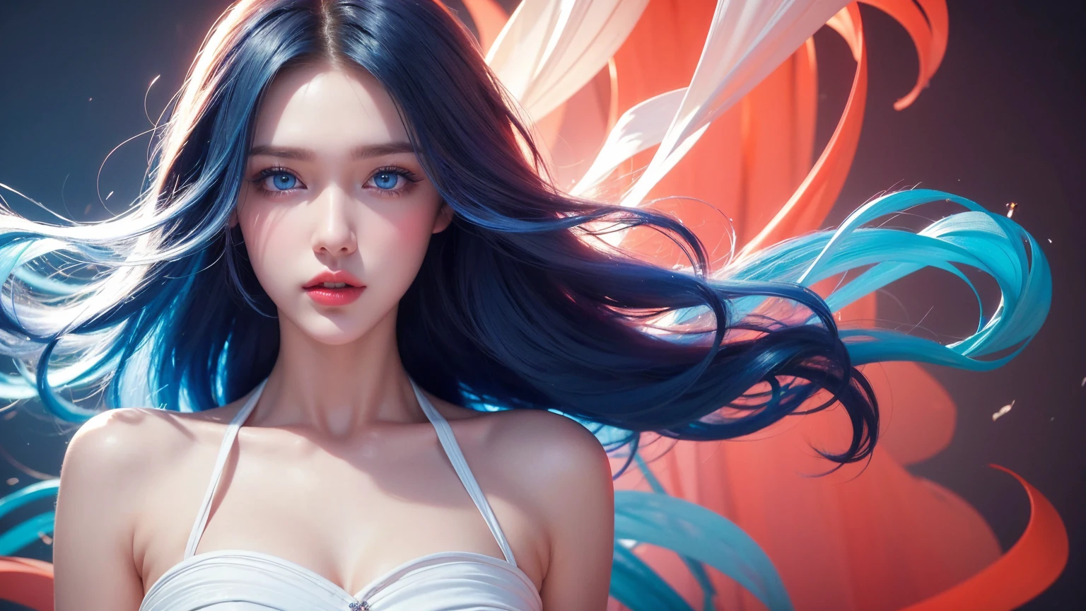Draw only face of a very pretty girl with proud looks, with colorful dense smoke around her face and abstract colors in the background. Blue eyes, pretty red lips, white face, open mouth, Ultra high definition. Expensive dress, gorgeous, classy, medium length hair, not tied hair. Pout face. 