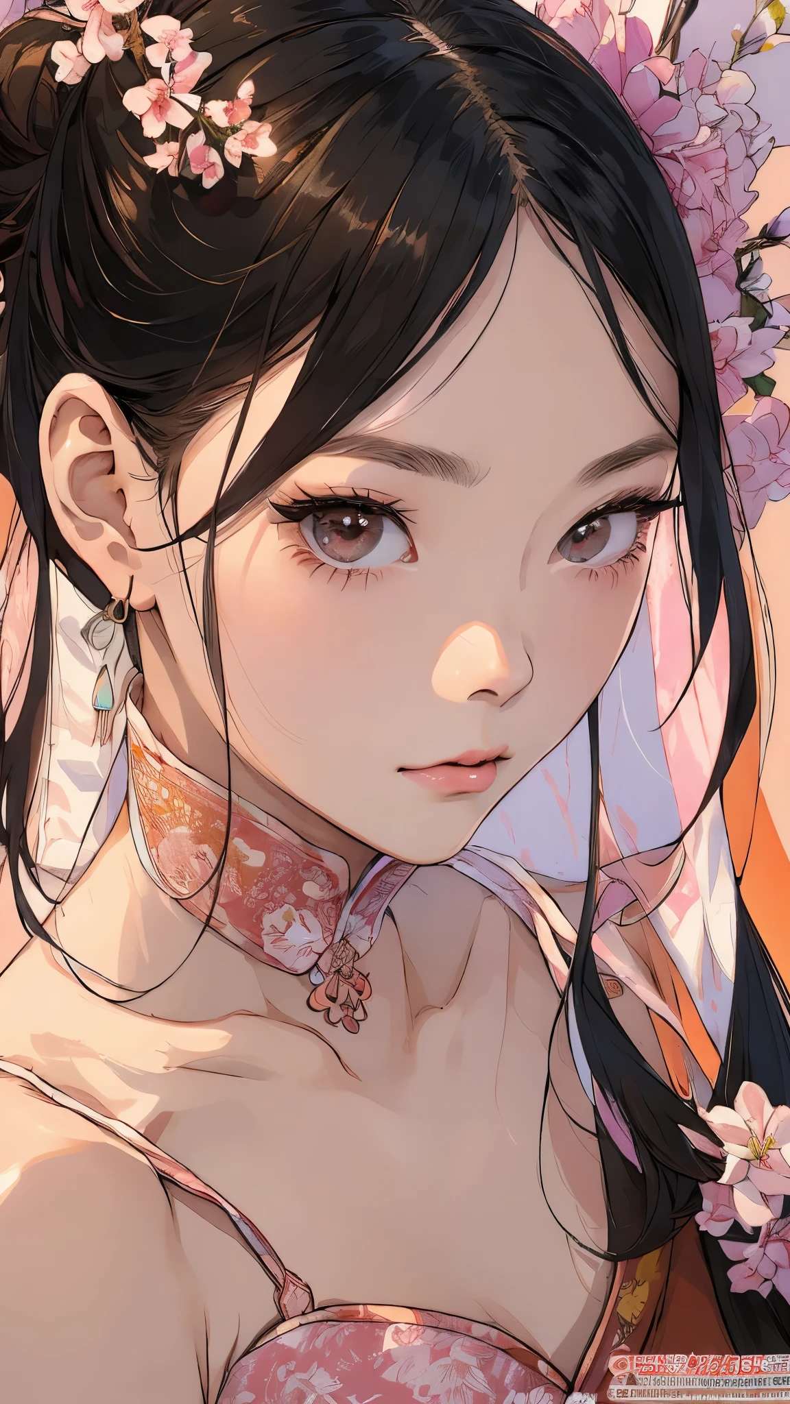 Beautiful and charming Chinese woman、Half-body photo、Delicate and sexy collarbone、Attractive oval face、double eyelid、Bright peach blossom eyes、Pink Lips、Small Nose、Wink、Concentrated face、Face close-up、Black Hair、Bun Hair、Ultra-high resolution、Super detailed、Graceful posture、Orange china clothes、Fighter、looking at the camera、Close-up