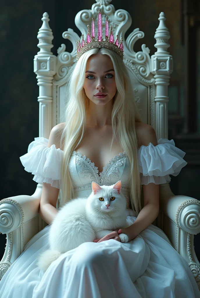 (full body shot:1.3) woman in a white dress sitting on a white throne with a sparkling crown, white cat sitting in her lap,an elegant gothic princess, gothic princess portrait, beautiful vampire female queen, crown with pink sparkling cristals gothic regal, dark goth queen with yellow eyes, light blonde long hair, medieval dark fantasy, sitting on white intricate throne, wearing a white gothic dress, beautiful elegant demon queen, lovely white winter princess, a beautiful fantasy empress, beautiful vampire queen. Black cat sitting on her lap. Holding hands and sitting site by site with a (full body shot:1.3) woman in a black dress sitting on a throne with a crown with blue sparkling cristals , an elegant gothic princess, gothic princess portrait, beautiful vampire female queen, gothic regal, dark goth queen with yellow eyes, black long hair, medieval dark fantasy, sitting on intricate throne, wearing a gothic dress, beautiful elegant demon queen, lovely dark autumn princess, a beautiful fantasy empress, beautiful vampire queen. White cat sitting on her lap. ARRI ALEXA 65, 50mm lens, dynamic lighting