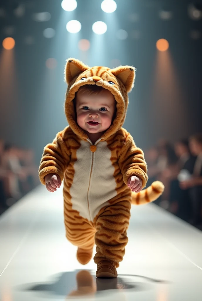 Create a scene, in which an adorable baby is dressed as a jealous cat and wears a jealous cat costume., and confidently walks down the catwalk, smiling, showing off her ultra-realistic fashion sense. ultra realistic 4k moving camera